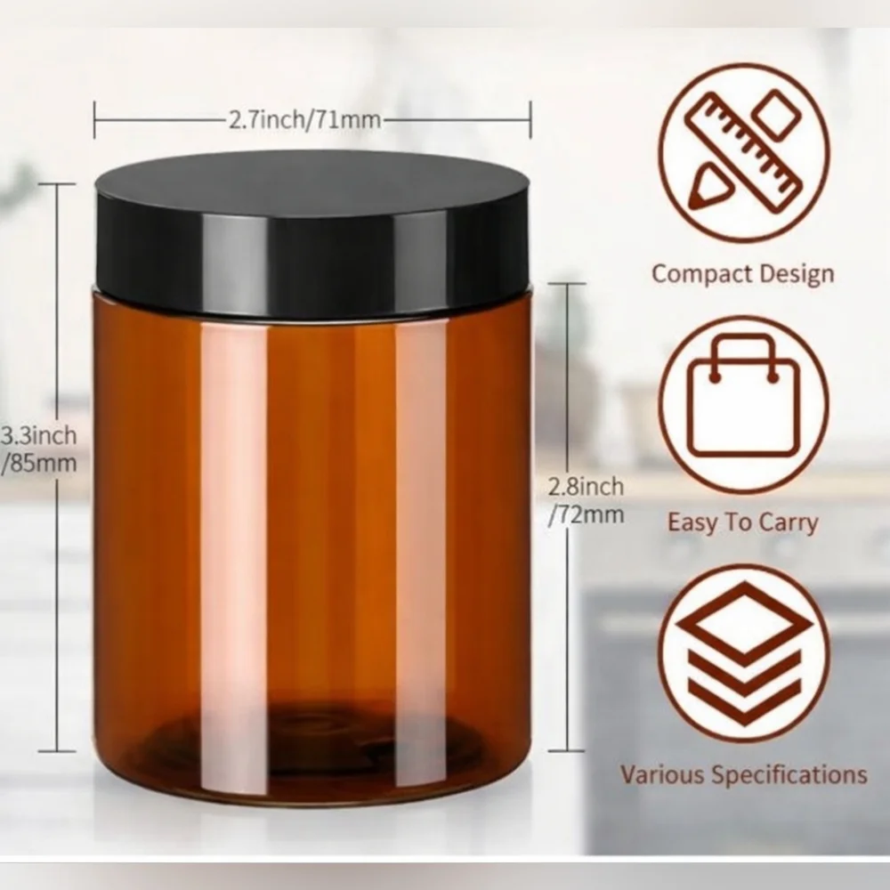 Set of 6 Amber 8oz Storage Jars with Black Lids + Labels & Scoop